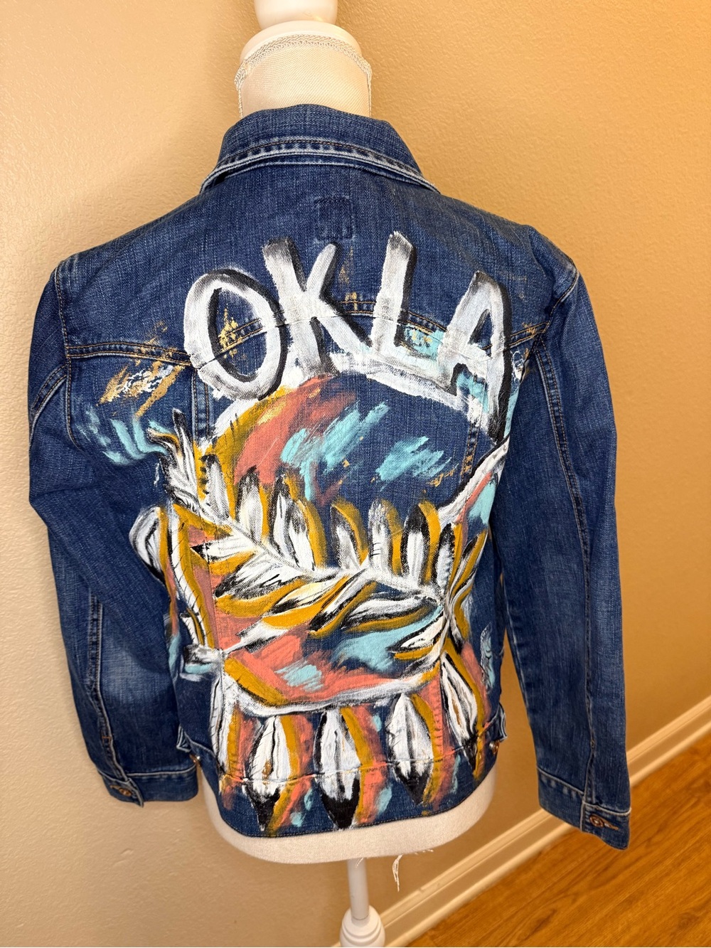 GAP Blue Denim Jacket with Colorful Hand-Painted OKLA Back